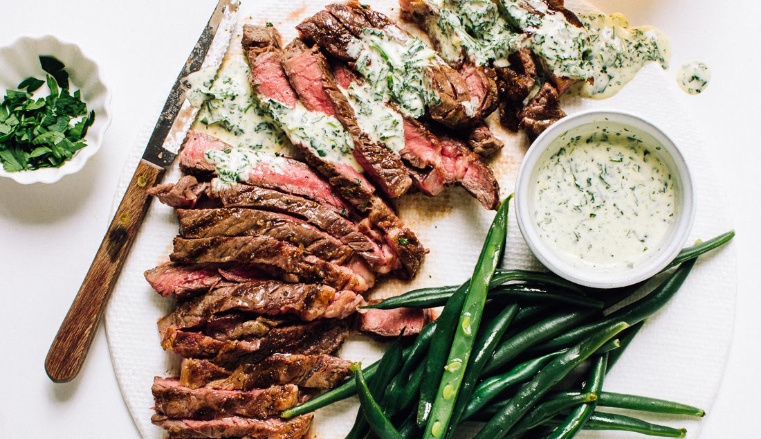 Flat Iron Steak with Creamy Peruvian Green Sauce 